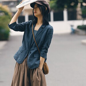 2024春季女装新款亚麻小西装风信紫薄麻捏褶七分袖小西服外套女