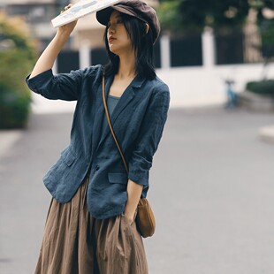风信紫薄麻捏褶七分袖 2026春季 亚麻小西装 新款 小西服外套女 女装