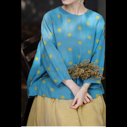 2026夏季新款亚麻海蓝色波点提花圆领朴素套头宽松简约衬衫女