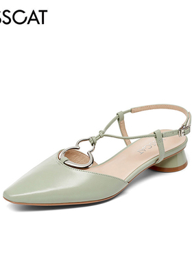KISS CAT/接吻猫春夏牛皮尖头一字扣粗跟包头凉鞋女KA21315-11