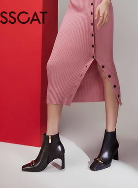 KISS CAT/接吻猫秋冬牛皮方头粗高跟保暖绒里时装靴女KA43526-11