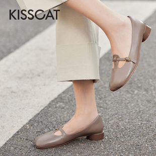 女KA54140 接吻猫春秋羊皮苹果头低跟软底玛丽珍单鞋 CAT KISS