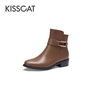 短靴KA43619 接吻猫秋冬牛皮金属扣圆头粗跟通勤时装 CAT KISS