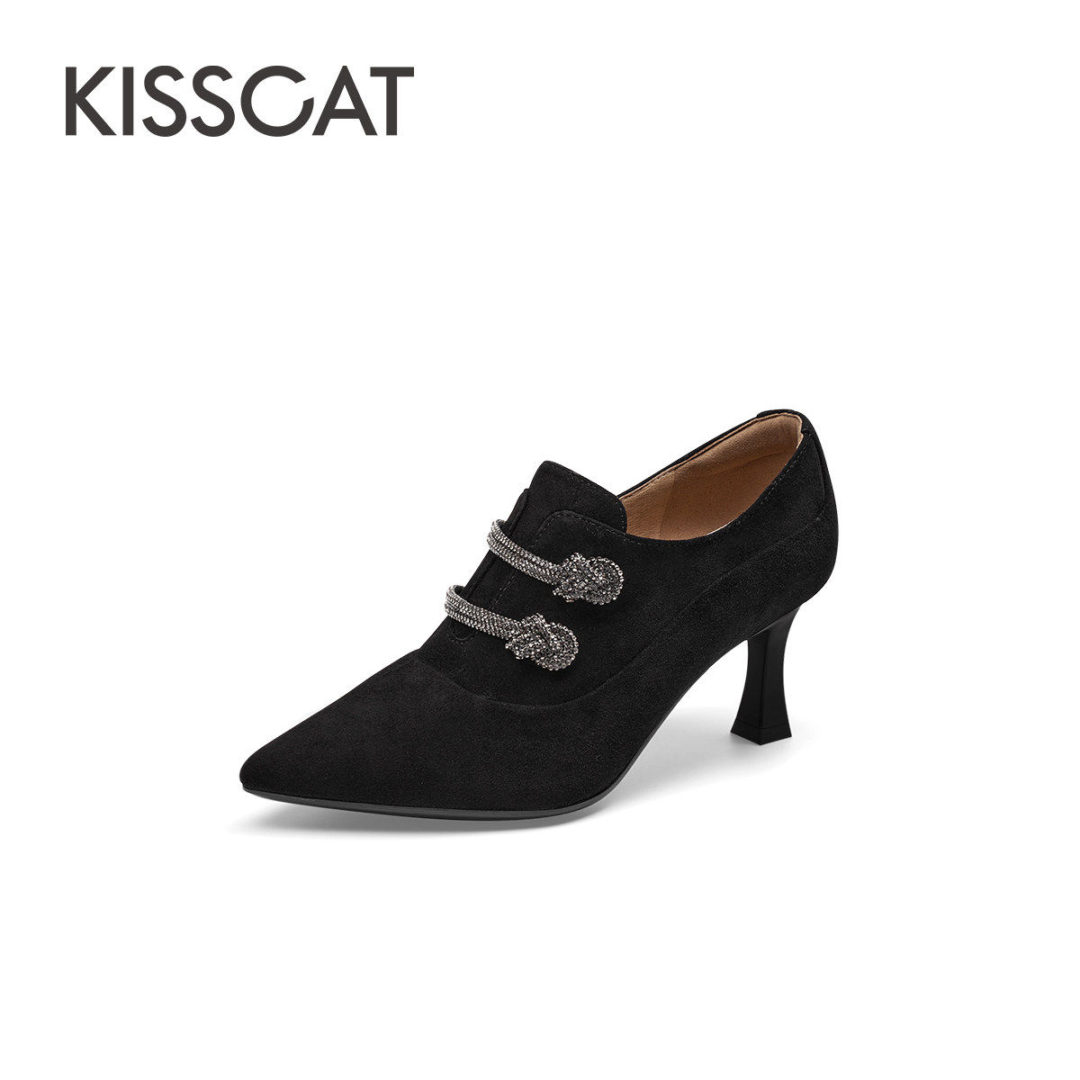 KISS CAT/接吻猫春秋羊反绒踝靴尖头细高跟深口单鞋女KA54548-51