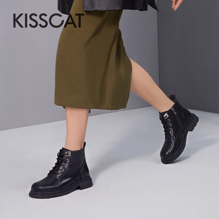 接吻猫春秋牛皮马丁靴圆头厚底英伦风短靴女KA43782 KISS CAT