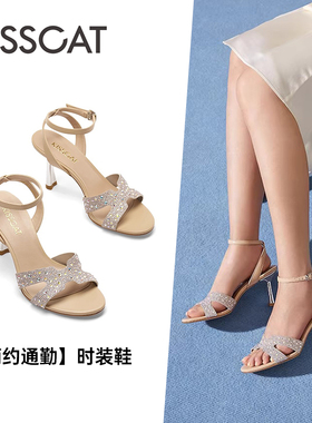 KISS CAT/接吻猫夏季羊皮水钻一字带细高跟露趾凉鞋女KA43319-12