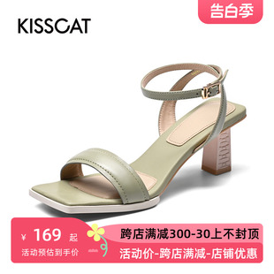 KISS 接吻猫夏季 CAT 羊皮方头一字扣带高跟露趾凉鞋 女KA21310