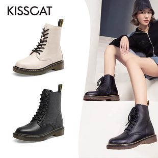 接吻猫秋冬牛皮马丁靴厚底增高侧拉链短靴女KA19780 KISS CAT