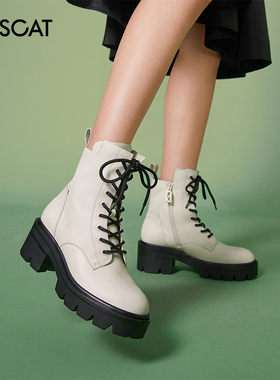 KISS CAT/接吻猫秋冬新款牛皮圆头侧拉链中筒马丁靴女KA32551-50