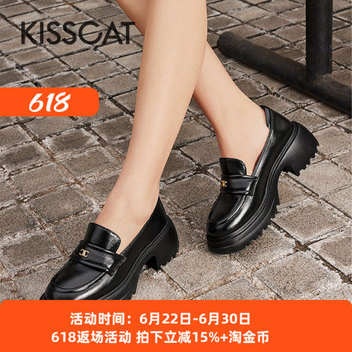 接吻猫英伦风粗高跟JK乐福鞋女