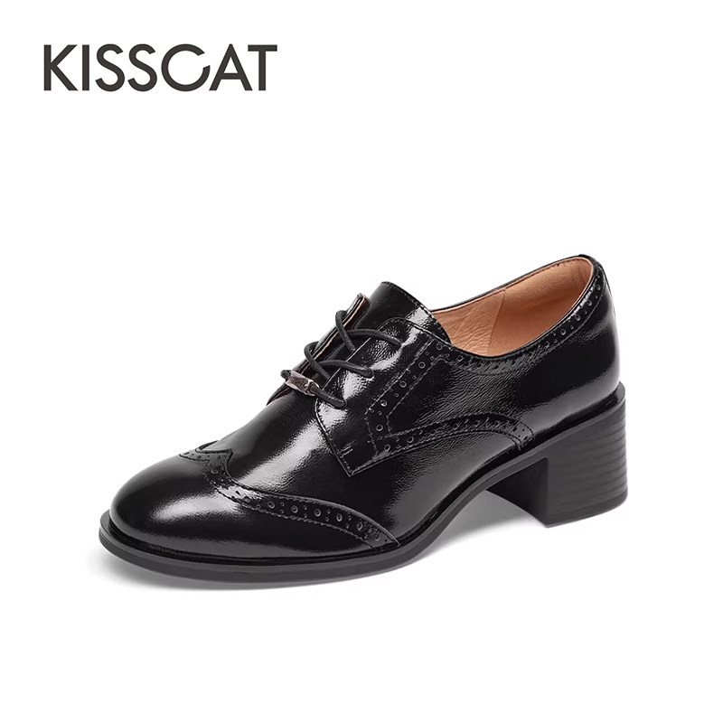 KISS CAT/接吻猫春秋牛皮系带深口单鞋粗高跟乐福鞋女KA65153-10