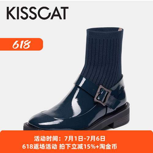 接吻猫学院风牛漆皮拼接袜靴