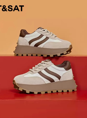 St&Sat/星期六春秋圆头拼接系带增高厚底休闲运动鞋女SS33112I57