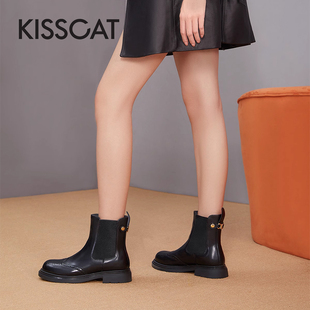接吻猫秋冬牛皮弹力烟筒靴厚底切尔西短靴女KA43782 KISS CAT
