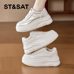 女SSD1112C4Z 增高厚底休闲单鞋 St&Sat 星期六春秋圆头系带小白鞋