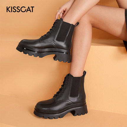KISS CAT/接吻猫秋冬牛皮圆头系带厚底短筒马丁靴女KA32720-53