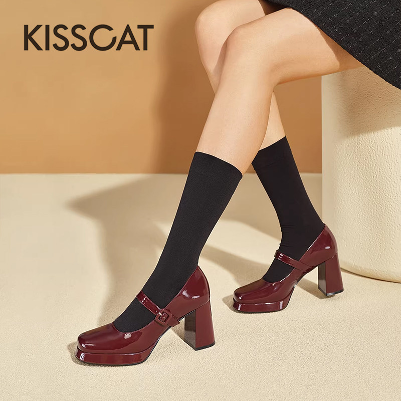 KISS CAT/接吻猫春秋牛漆皮复古玛丽珍鞋粗高跟单鞋女KA43354-82,女鞋,玛丽珍鞋,淘宝优惠券,粉丝福利购,淘宝优惠卷