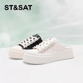 St&Sat 星期六春秋牛皮珍珠系带厚底休闲包头半拖鞋 女SSC1114C0L