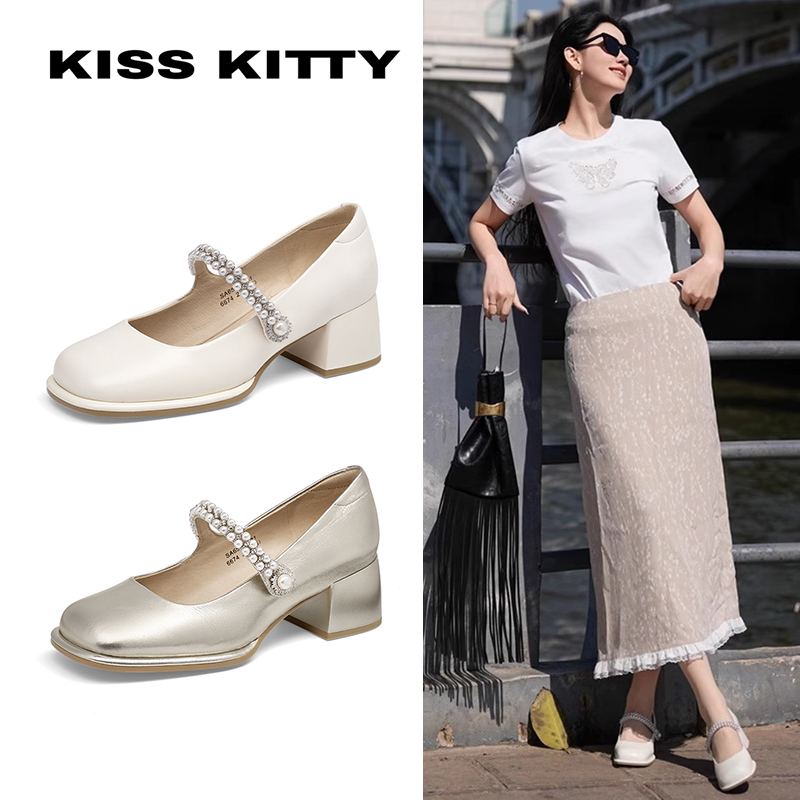 KISSKITTY方头粗跟玛丽珍单鞋