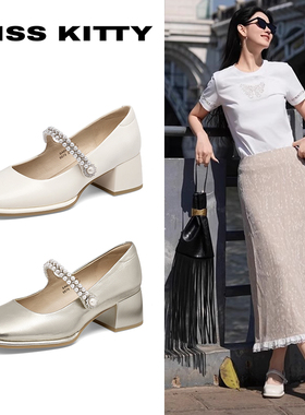 KISSKITTY春夏方头玛丽珍鞋法式单鞋珍珠粗高跟鞋女SA65125-81