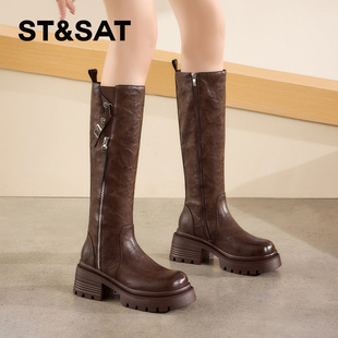 St&Sat 侧拉骑士靴圆头粗高跟长筒靴女SSD4117CDL 星期六秋冬新款