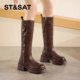 St&Sat 星期六秋冬新款 侧拉骑士靴圆头粗高跟长筒靴女SSD4117CDL