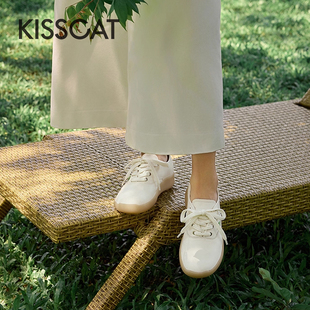 女KA65366 KISS 厚底休闲单鞋 接吻猫春秋牛皮系带小白鞋 CAT