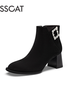 KISS CAT/接吻猫秋冬羊反绒水钻方扣粗高跟时装短靴女KA43705-13