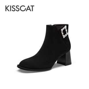 KISS CAT/接吻猫秋冬羊反绒水钻方扣粗高跟时装短靴女KA43705-13