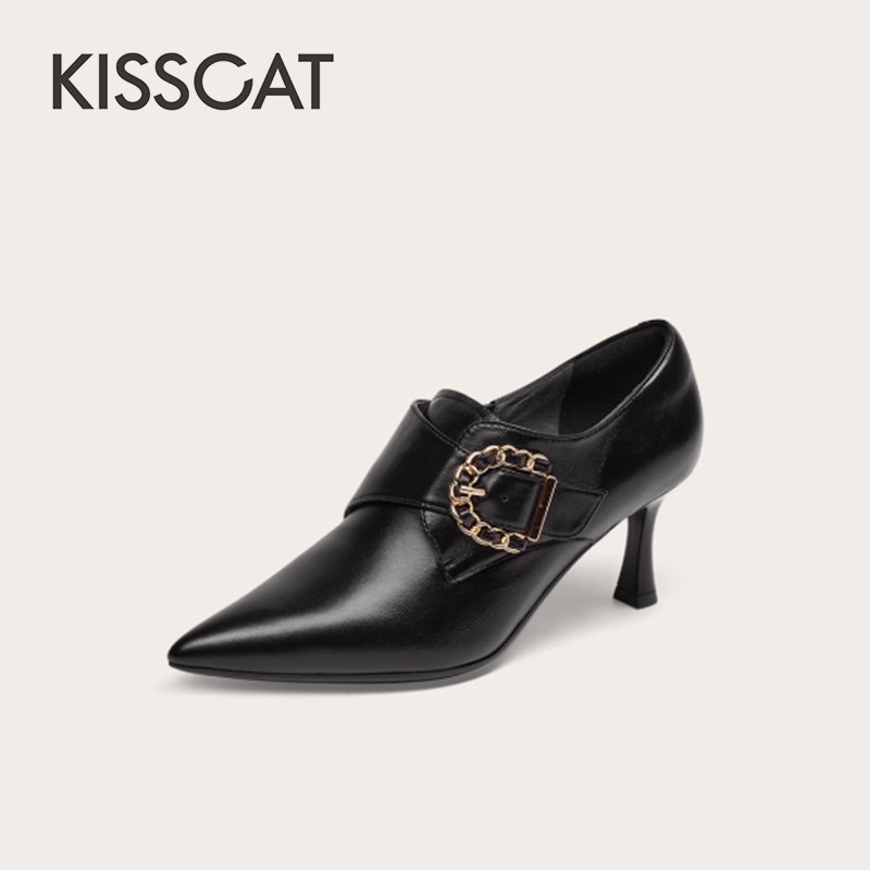 KISS CAT/接吻猫春秋羊皮金属扣尖头细高跟深口单鞋女KA65119-10,女鞋,深口单鞋,淘宝优惠券,粉丝福利购,淘宝优惠卷