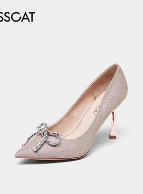 KISS CAT/接吻猫春秋闪钻蝴蝶结宴会鞋浅口高跟单鞋女KA21130-11