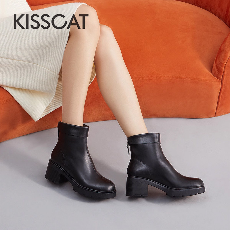接吻猫时尚百搭粗跟通勤短靴女