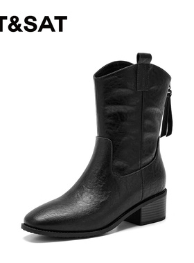 St&Sat/星期六秋冬方头后拉链西部靴粗跟中筒骑士靴女SSD4118W7P