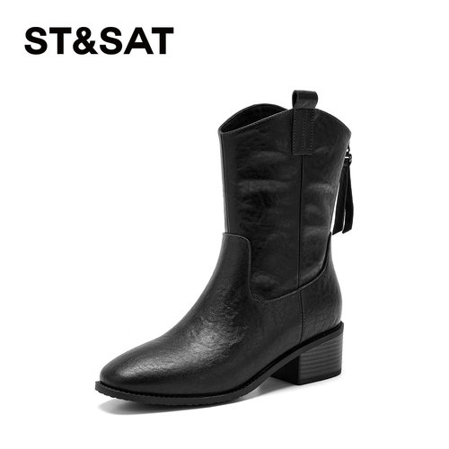 星期六时尚方头粗跟百搭短靴女