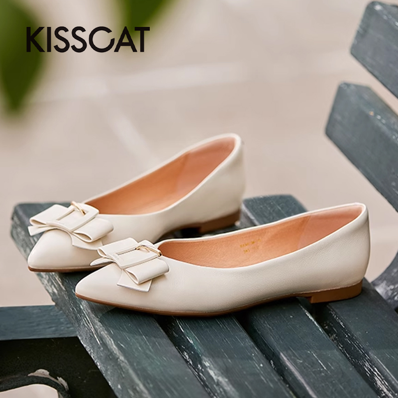 KISS CAT/接吻猫春秋羊皮尖头蝴蝶结一脚蹬低跟单鞋女KA54136-10