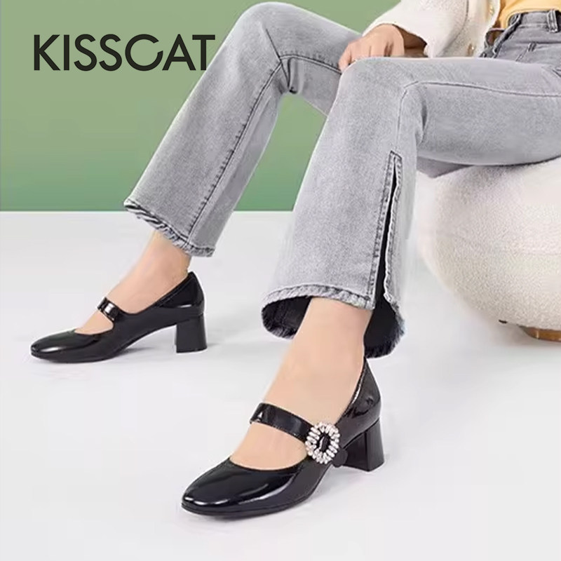 KISS CAT/接吻猫春秋牛皮玛丽珍鞋水钻扣粗高跟单鞋女KA32526-10,女鞋,玛丽珍鞋,淘宝优惠券,粉丝福利购,淘宝优惠卷