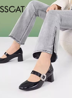 KISS CAT/接吻猫春秋牛皮玛丽珍鞋水钻扣粗高跟单鞋女KA32526-10
