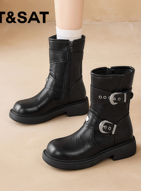 St&Sat/星期六秋冬复古西部靴皮带扣机车靴粗跟短靴女SSD4116CHF