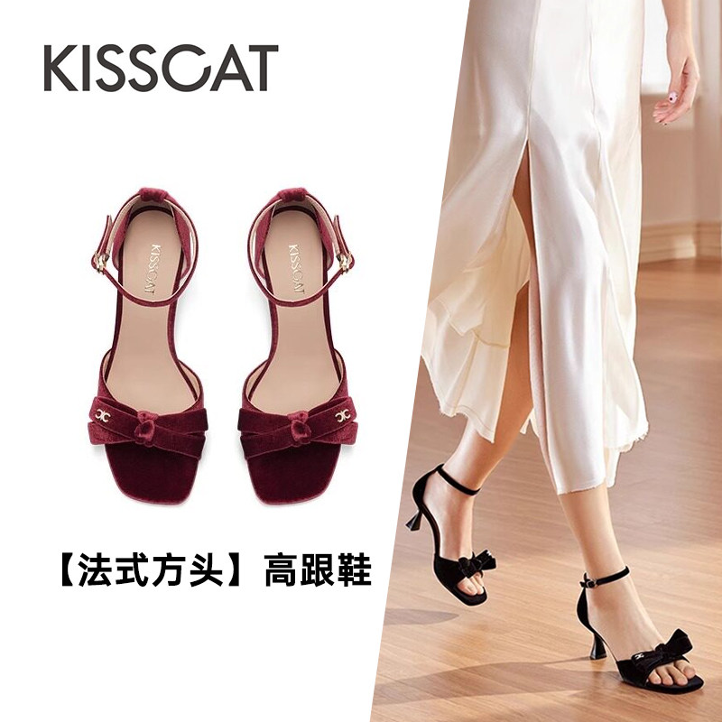 KISS CAT/接吻猫夏季方头蝴蝶结一字扣带细高跟凉鞋女KA54315-14