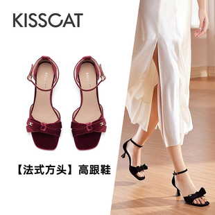 方头蝴蝶结一字扣带细高跟凉鞋 KISS CAT 接吻猫夏季 女KA54315