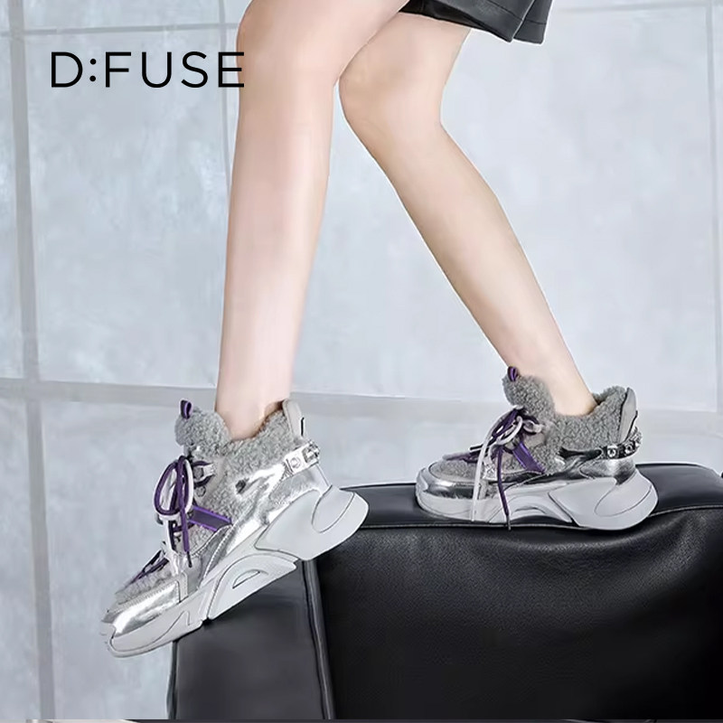 D：Fuse/迪芙斯冬季牛皮厚底老爹鞋加绒保暖户外短靴女DF24118540,女鞋,老爹鞋,淘宝优惠券,粉丝福利购,淘宝优惠卷