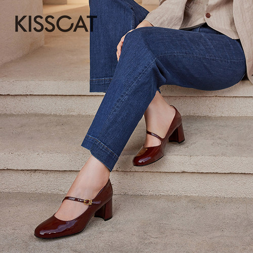 接吻猫法式复古粗高跟玛丽珍鞋女