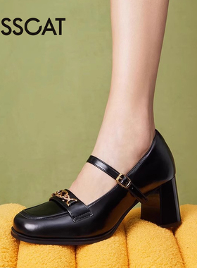 KISS CAT/接吻猫春秋牛皮玛丽珍鞋方头粗高跟单鞋女KA43537-10