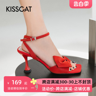 高跟蝴蝶结甜美一字扣带凉鞋 女KA21320 接吻猫羊皮时尚 KISSCAT