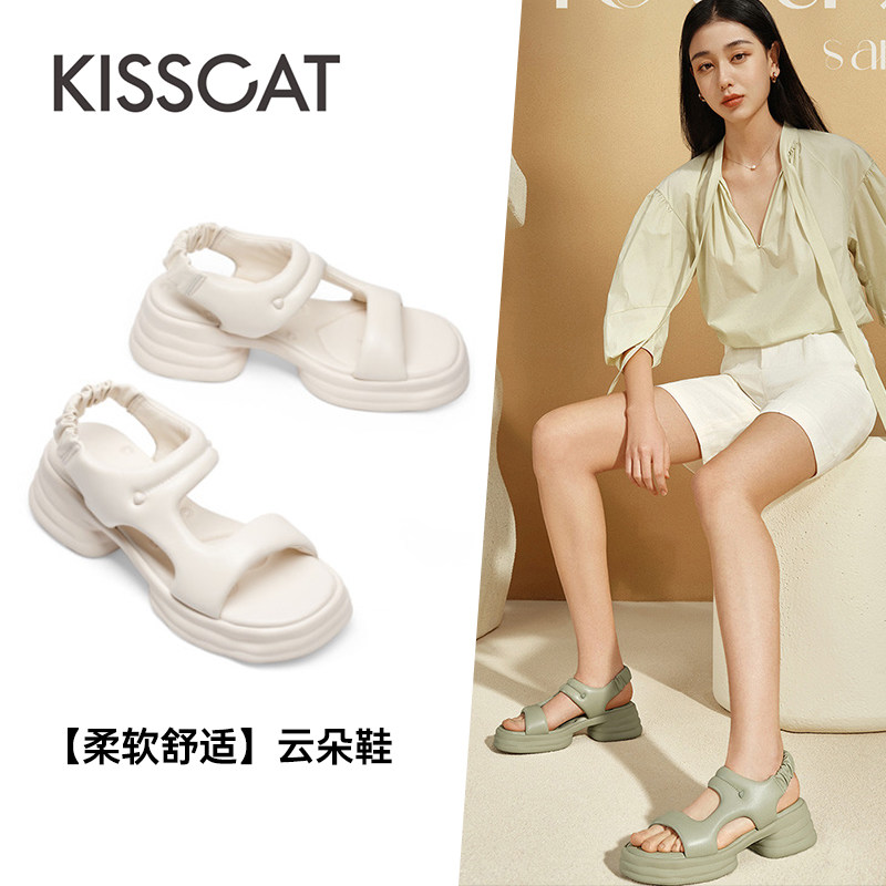 接吻猫羊皮通勤厚底罗马凉鞋