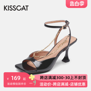 KISS 接吻猫夏季 CAT 牛皮方头露趾一字扣带高跟凉鞋 女KA21320