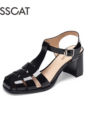 KISS CAT/接吻猫夏季牛皮方头罗马鞋粗高跟包头凉鞋女KA43207-50