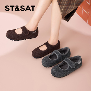 女SSD3111CLF 内增高毛毛鞋 St&Sat 星期六秋冬魔术贴加绒玛丽珍鞋