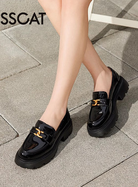 KISS CAT/接吻猫春秋牛漆皮乐福鞋粗高跟英伦小皮鞋女KA54162-50