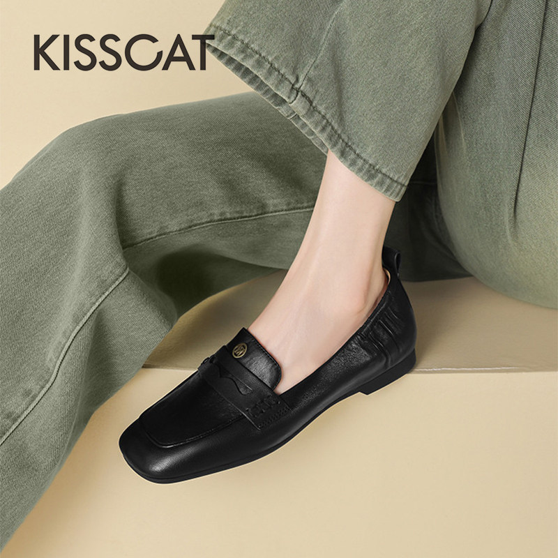 KISS CAT/接吻猫春秋牛皮乐福鞋一脚蹬方头低跟单鞋女KA65685-10,女鞋,乐福鞋（豆豆鞋）,淘宝优惠券,粉丝福利购,淘宝优惠卷